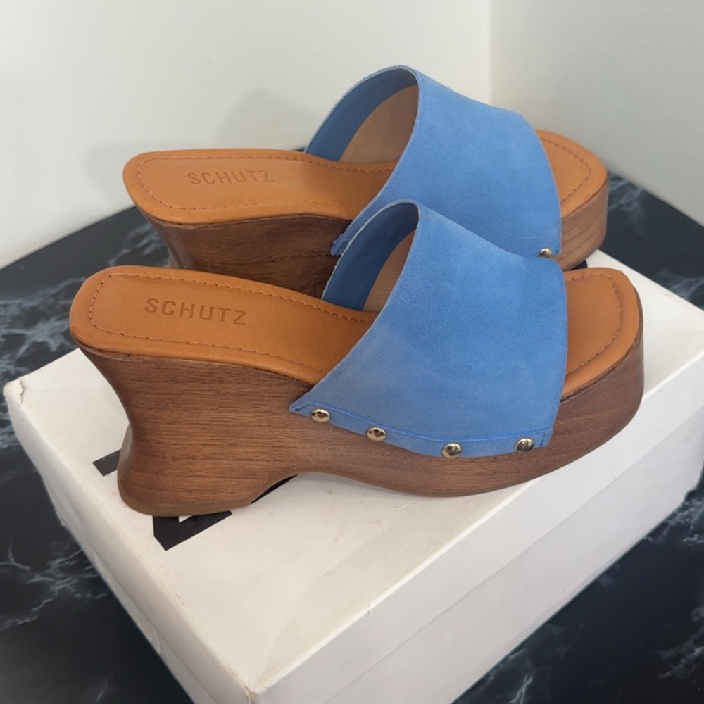 Schutz Blue Suede Wedge Heel Clog Sandals Lanneh Women's Size 8 AUTHENTIC NEW - Picture 4 of 9